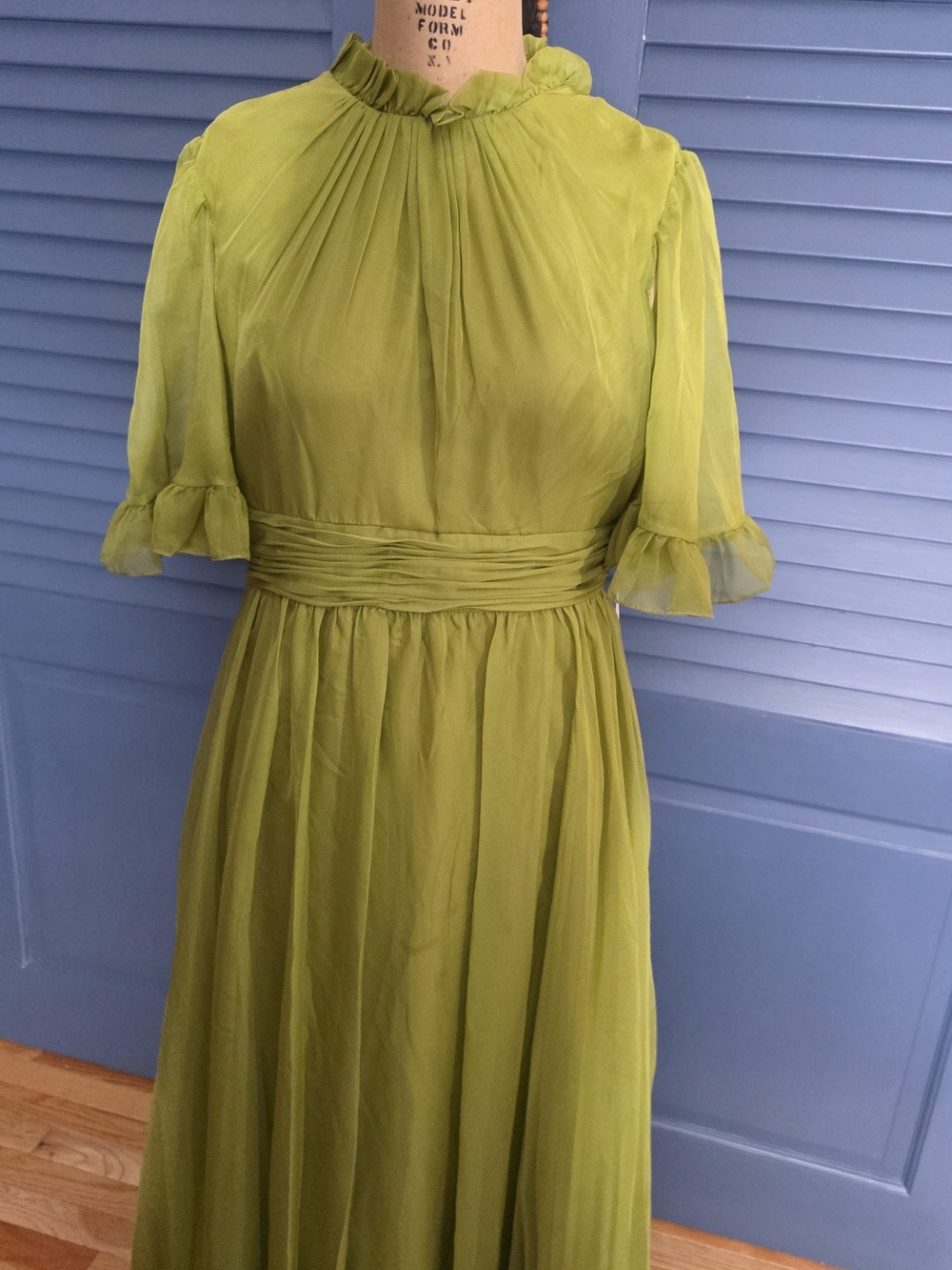 NWT Mac Duggal Chiffon Ruched Illusion Ruffle Gown Olive Chartreuse 8 - Picture 3 of 12